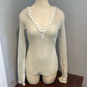 Blue Tattoo Crochet Long Sleeve Hooded Top Size L
